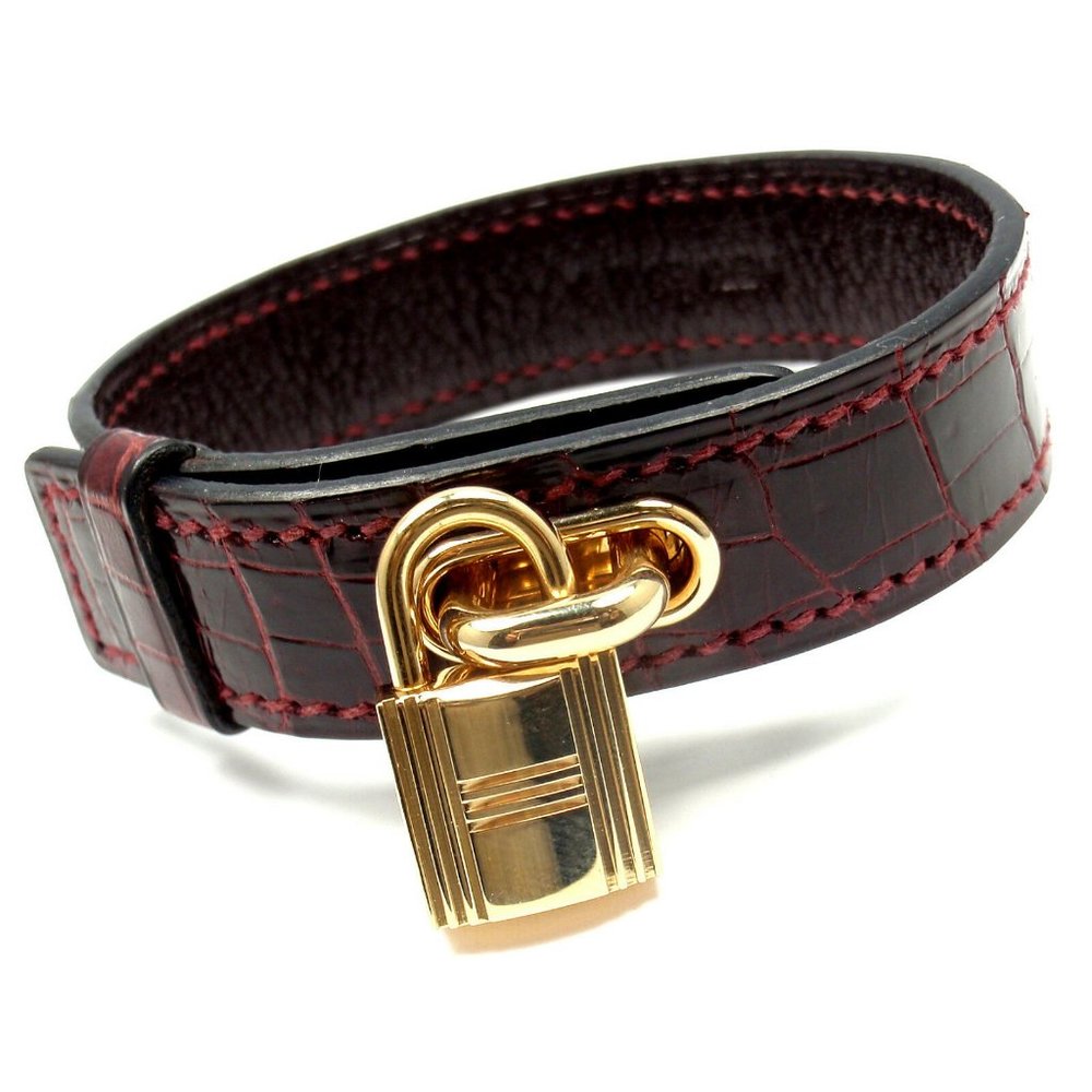 Very Rare! Authentic HERMES 18k Yellow Gold & Crocodile Burgundy Bracelet Box
